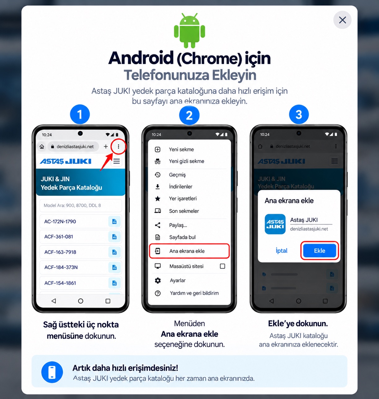 Android Chrome ile Astaş JUKI sitesini ana ekrana ekleme adımları