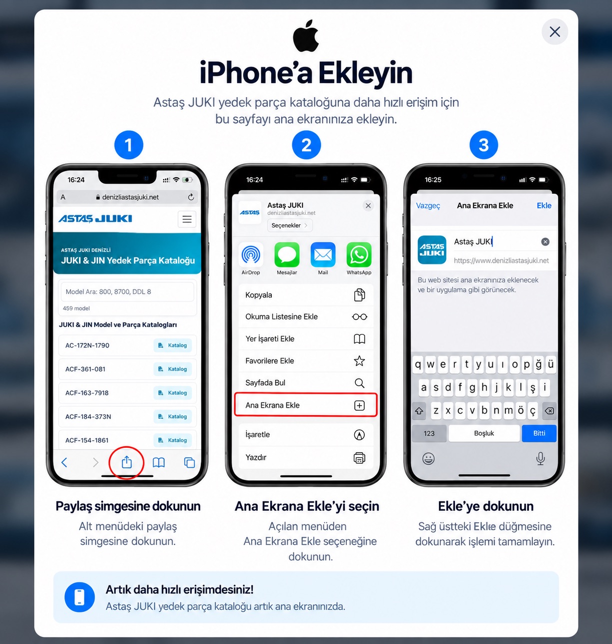iPhone'da Astaş JUKI sitesini ana ekrana ekleme adımları